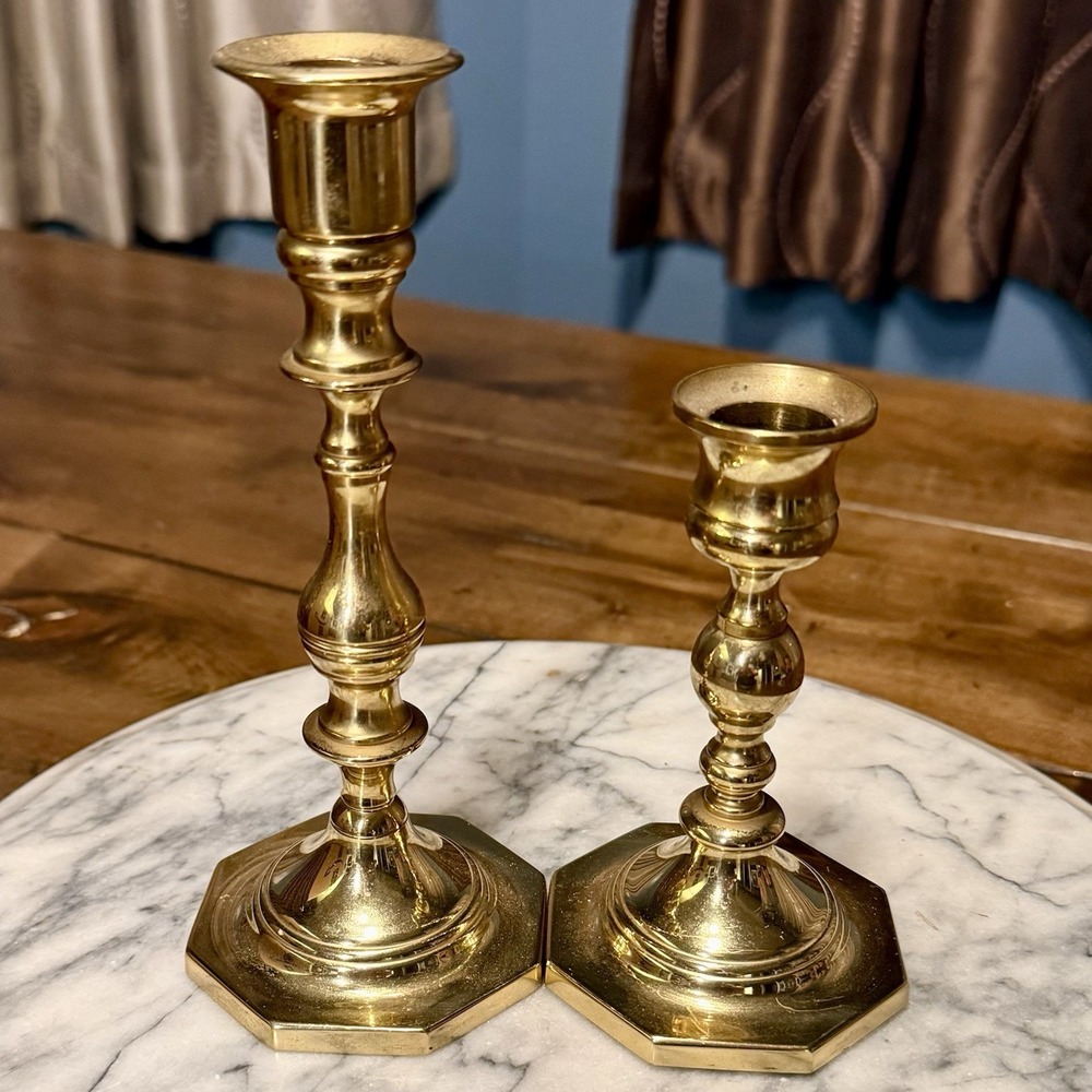 2pc VTG Heavy Baldwin Brass Spindle Candlesticks Candle Holder 5" & 7" USA